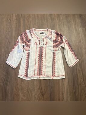 Biya, Johnny Was White cotton sheer blouse with red and navy embroidery